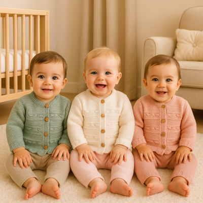 Três bebés sentados com roupas de malha coloridas em ambiente interior acolhedor