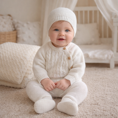 Bebé de malha branca sentado em tapete claro, com berço e almofadas ao fundo