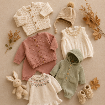 Roupa de bebé em malha com vários casacos, jardineiras, gorro, sapatinhos e peluche dispostos sobre fundo bege.