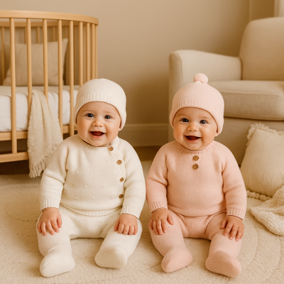 Dois bebés sentados com fatos de malha em tons creme e rosa numa sala acolhedora.