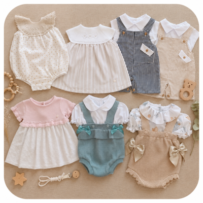 Seis conjuntos coloridos de roupa para bebé dispostos sobre fundo bege.
