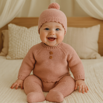 Bebé com roupa rosa de malha e gorro sentado numa cama com almofadas claras