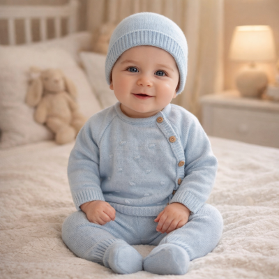 bebé com conjunto de malha azul claro sentado numa cama felpuda com coelho de peluche ao fundo