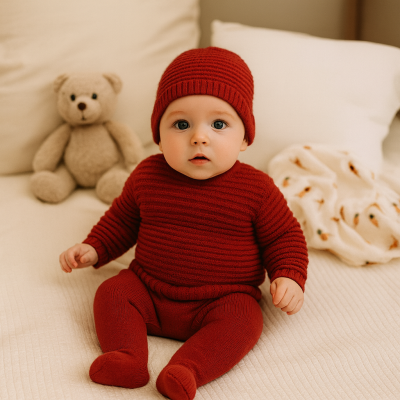 Bebé com roupa vermelha tricotada sentado numa cama com urso de peluche ao fundo