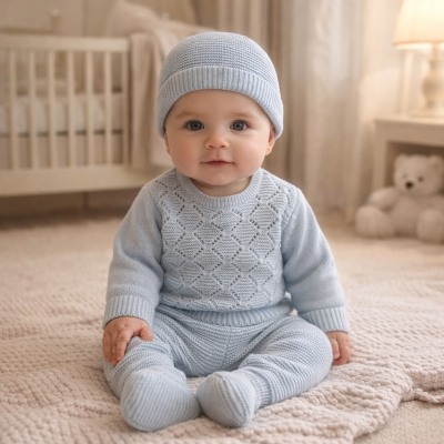 Bebé sentado com roupa de malha azul clara e gorro em ambiente neutro com berço e ursinho de peluche ao fundo