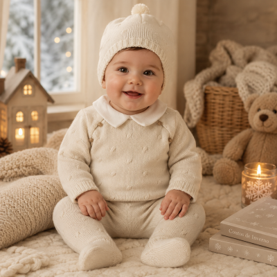 Bebé sorridente de roupa de malha creme sentado em ambiente acolhedor com urso de peluche e livros
