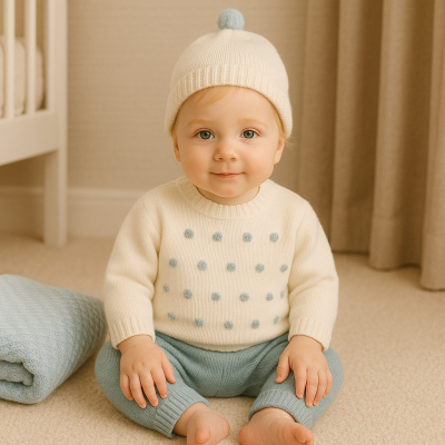 Bebé sentado com roupa de malha creme e azul claro, a sorrir
