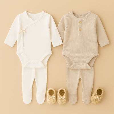 Conjunto de roupa para bebé com dois bodies e dois pares de sapatinhos em tons branco e bege sobre fundo bege.