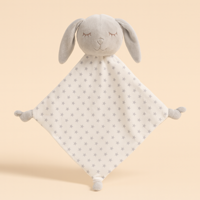 Brinquedo de peluche para bebé em forma de coelho com tecido branco e estrelas cinzentas.