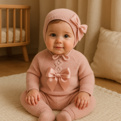 Bebé sentado com conjunto cor de rosa em malha e laços de cetim, em interior com berço de madeira