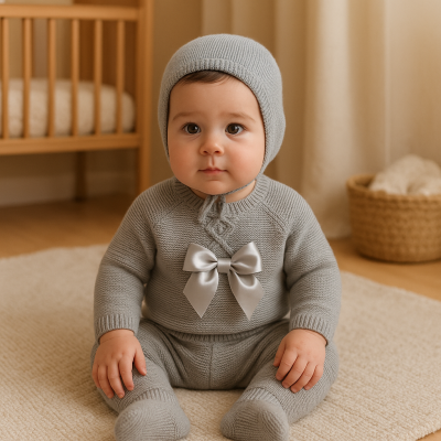 Bebé com roupa de malha cinzenta com laço de cetim sentado no chão num quarto com berço de madeira