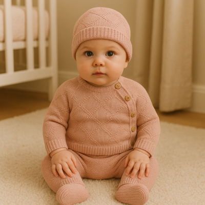 Bebé vestido com conjunto de malha rosa clara sentado em tapete creme em quarto com berço branco.