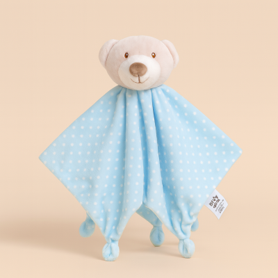 Doudou azul de peluche com cabeça de urso e bolinhas brancas