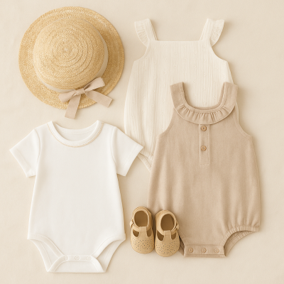 Conjunto de roupa e acessórios de verão para bebé em tons bege e branco