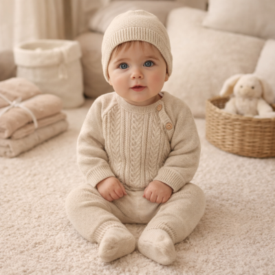 Bebé com roupa bege de malha sentado num tapete creme com brinquedo e mantas ao fundo.