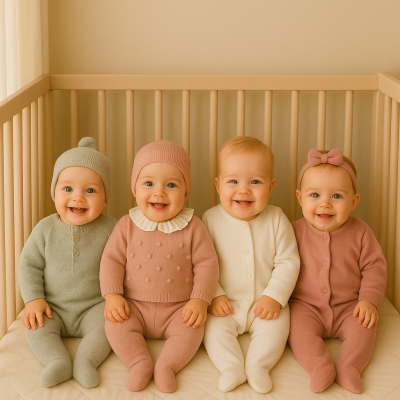 Quatro bebés em roupas de malha coloridas sentados num berço de madeira