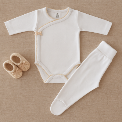 conjunto de roupa de bebé branco com detalhes bege e sapatinhos bege
