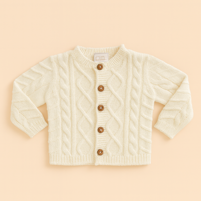 Camisola de malha creme com botões de madeira sobre fundo bege