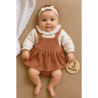 Bebé com vestido castanho e camisa creme deitada com placa '3 meses'