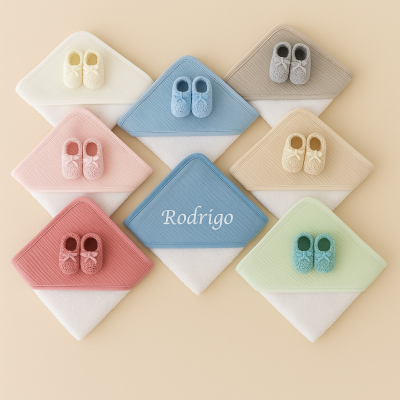 Toalhas com capuz coloridas e sapatinhos tricotados para bebé, toalha azul com nome 'Rodrigo' bordado