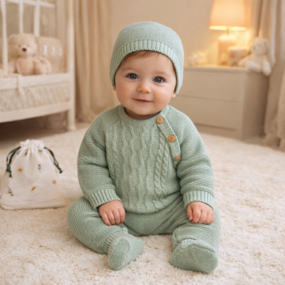 Bebé com conjunto de malha verde claro sentado em tapete claro em ambiente interior acolhedor