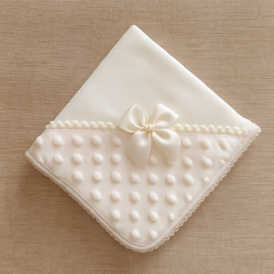 Manta branca de bebé com textura de bolinhas, laço de cetim e bordado em crochê sobre tecido bege