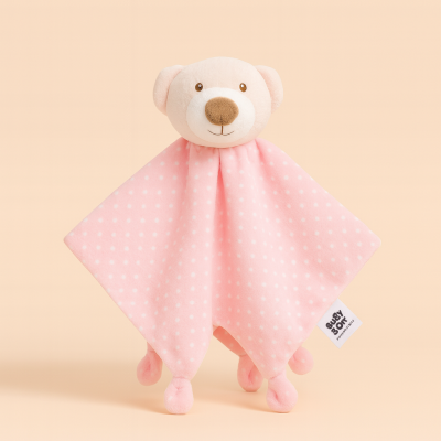 Brinquedo bebé ursinho rosa com cobertor de pontos brancos e etiqueta GUGY BOY