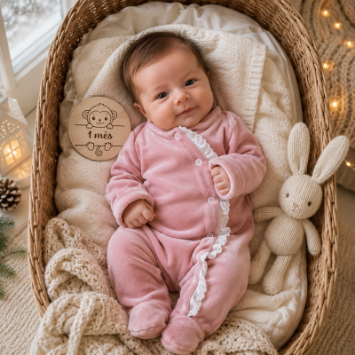 Bebé em fato de veludo rosa no berço de vime com brinquedo coelho e placa com texto 1 mês