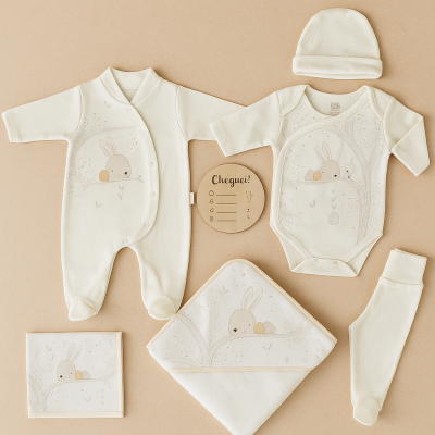 Conjunto de roupa de bebé creme com estampado de coelho e placa CHEGUEI.