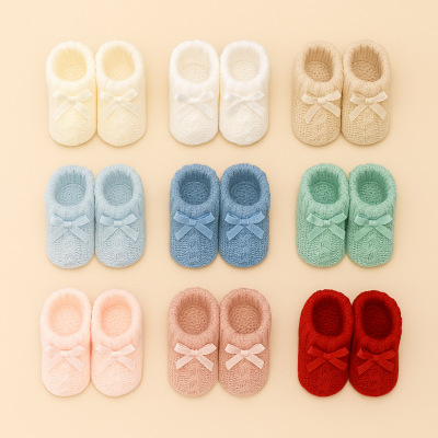 sapatinhos de malha para bebé em várias cores com laço