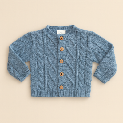 Camisola azul de malha com botões de madeira