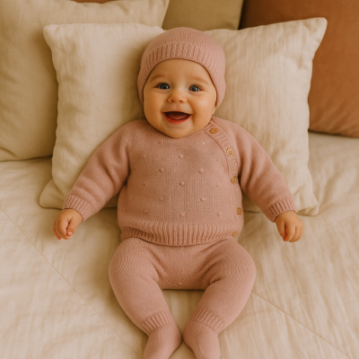 Bebé sorridente com roupa de malha rosa clarinho sentado em cama com almofadas claras.
