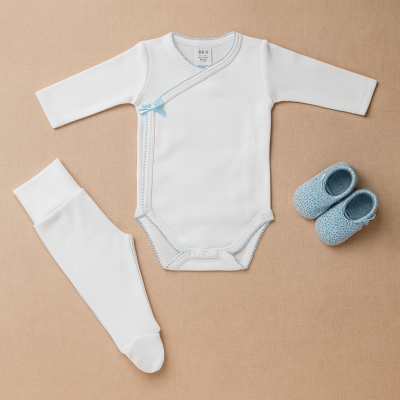 Conjunto de roupa de bebé branco e azul com body, meias e sapatos