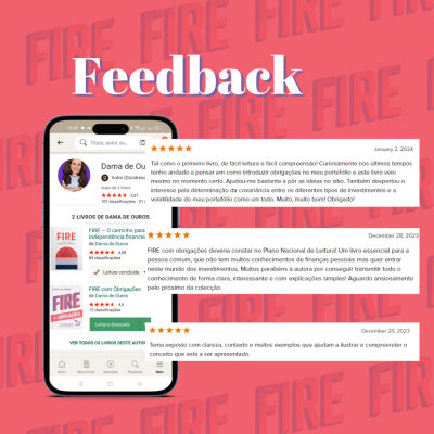 Smartphone com avaliações de livros FIRE em fundo vermelho repetido
