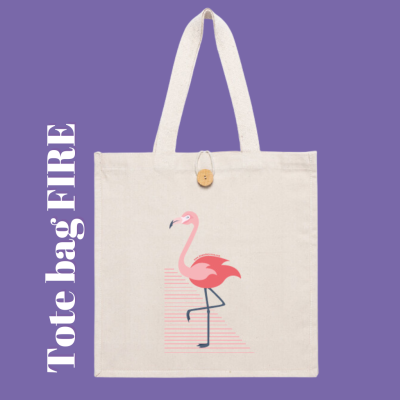 Saco tote creme com desenho de flamingo cor-de-rosa e botão de madeira