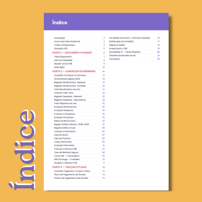 Índice de livro ou caderno com cabeçalho roxo e fundo amarelo