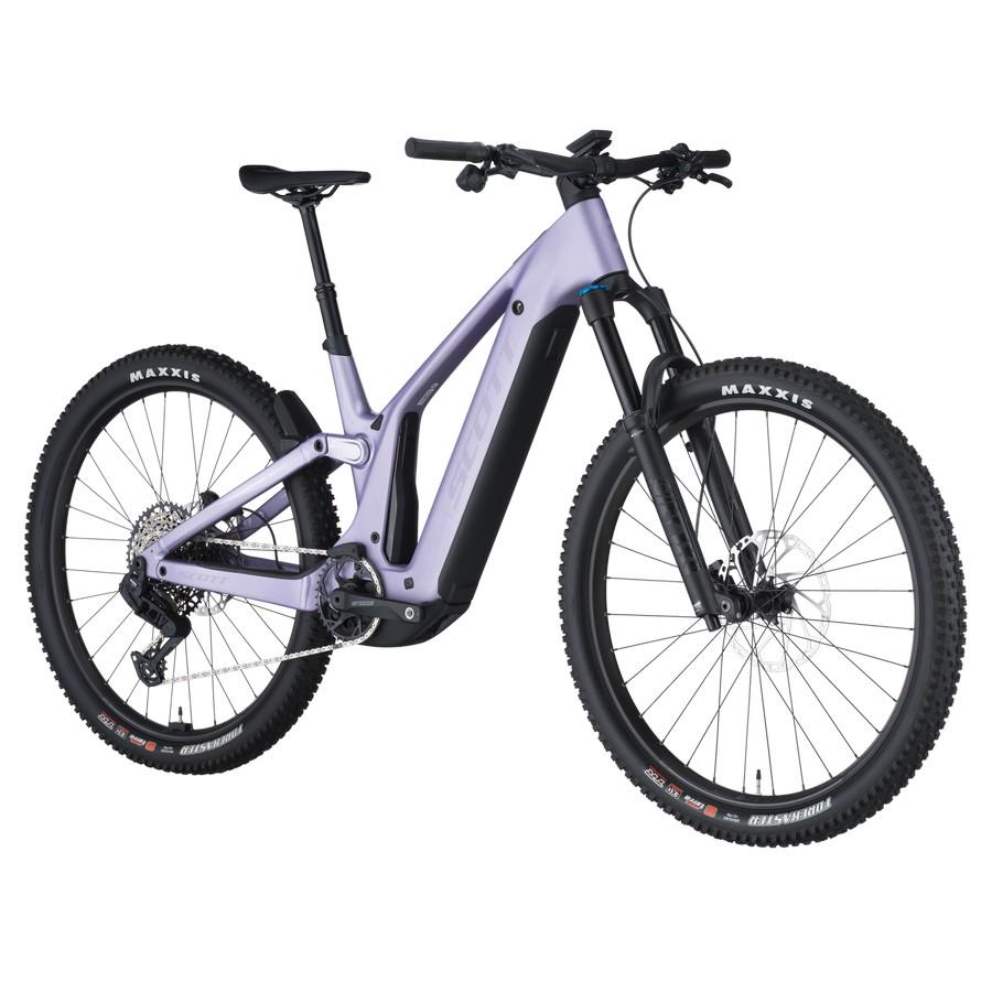 BICICLETA ELÉTRICA SCOTT PATRON 910 - MAUVE PURPLE Bicicleta elétrica de montanha lilás com pneus Maxxis e suspensão dianteira