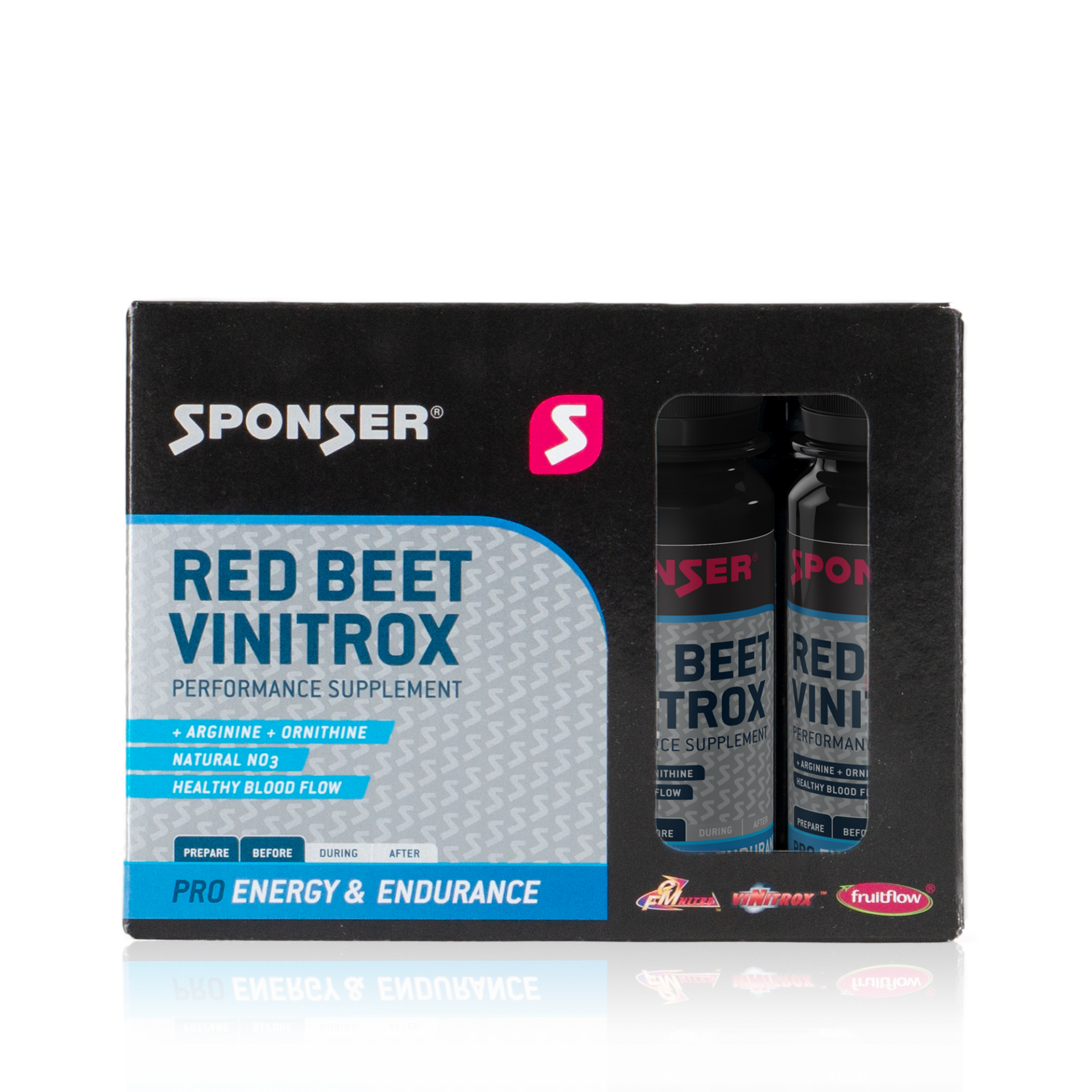 SPONSER RED BEET VINITROX Suplemento SPONSER RED BEET VINITROX em embalagem preta com texto azul e branco e janela mostrando duas garrafas