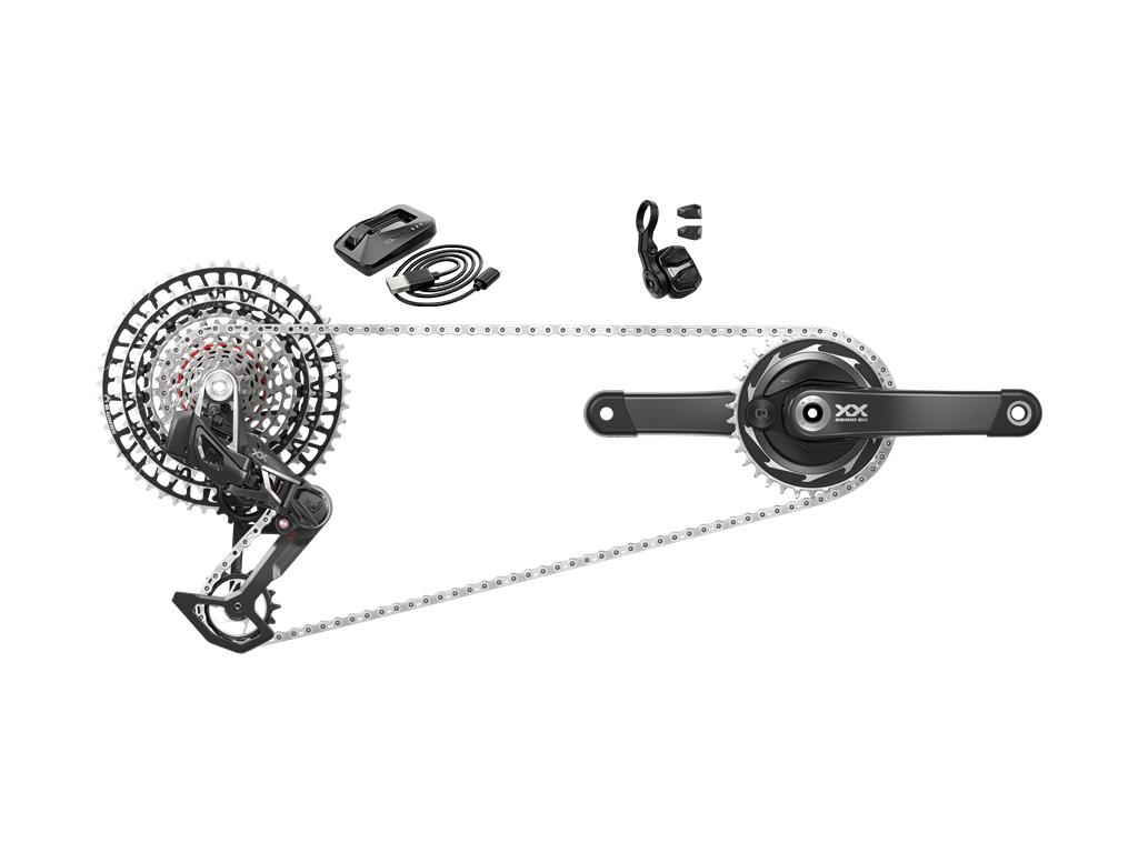 GRUPOS SRAM XX SL EAGLE AXS T-TYPE POTENCIÔMETRO WIDE Conjunto de transmissão para bicicleta preto e prata sobre fundo branco
