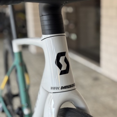 Quadro de bicicleta com inscrição WWW.DANIBIKE e logótipo preto, guiador preto e pneus Schwalbe.
