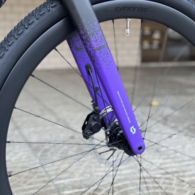 Roda dianteira de bicicleta com garfo roxo e preto e pneu Schwalbe