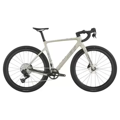 Bicicleta de estrada cinza claro com pneus pretos e guiador preto num fundo branco