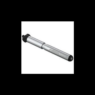 Bomba de ar portátil para bicicleta prateada e preta com texto GIYO.