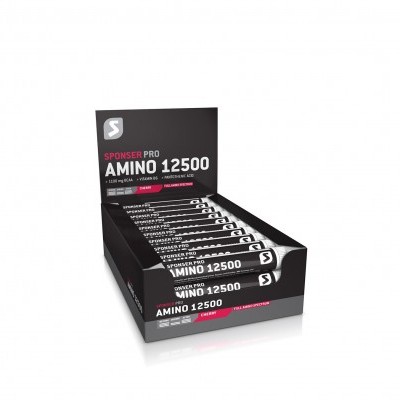 Caixa preta com sachês pretos de suplemento alimentar SPONSER PRO AMINO 12500.