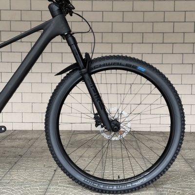 Roda dianteira de bicicleta de montanha preta com pneu Schwalbe junto a parede de tijolos