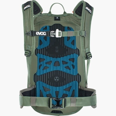 Mochila de hidratação EVOC verde vista de trás com suporte acolchoado azul e preto