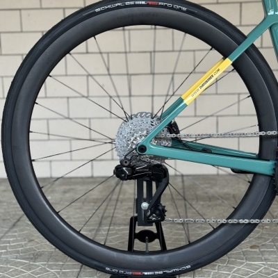Roda traseira de bicicleta com pneu Schwalbe Pro One e quadro verde com etiqueta amarela