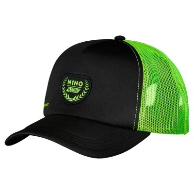 Boné trucker preto com malha verde fluorescente e etiqueta NINO