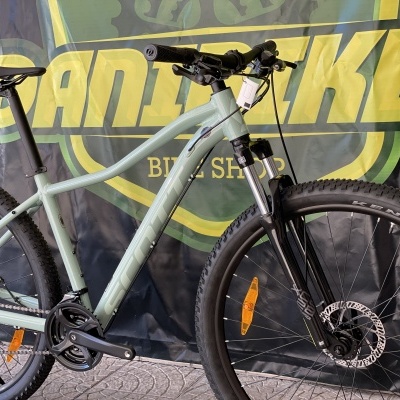 Bicicleta de montanha verde claro com pneus pretos e suspensão dianteira