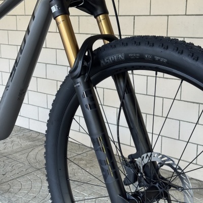 Suspensão dianteira dourada e roda de bicicleta de montanha com pneu preto ASPEN